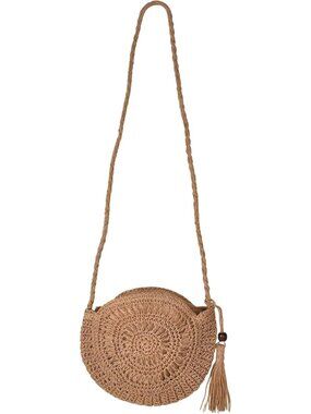 Women's Khaki Handmade Crochet Bag with Tassel and Zipper Beach Travel Holiday